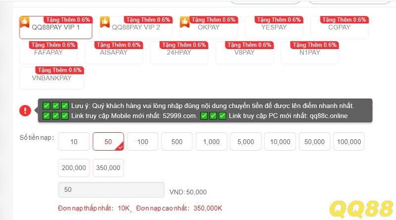 Nạp tiền QQ88 thông qua tài khoản ngân hàng